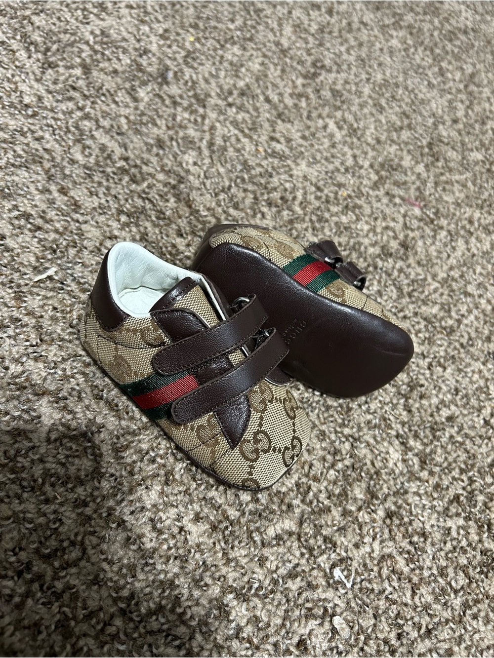 Gucci Brown GG Canvas Baby Shoes with Green & Red Web